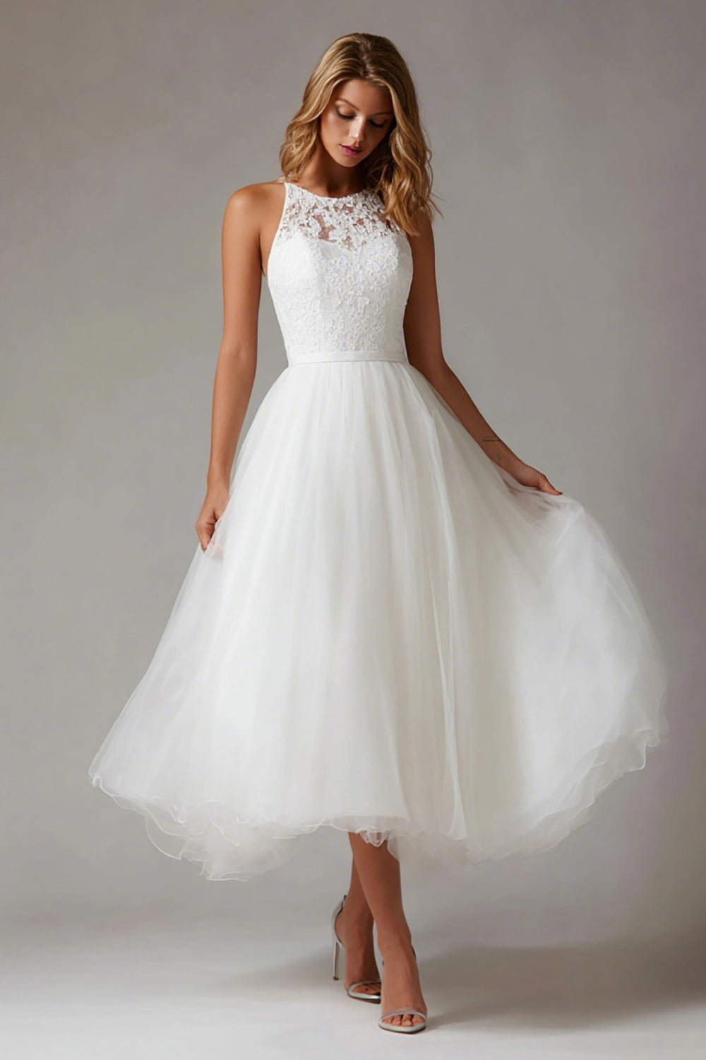 ZAPAKA Women White Lace Courthouse Wedding Dress Bateau Neck A Line Tulle Midi Rehearsal Dinner Dress, White / US2 ZAPAKA Women White Lace Courthouse Wedding Dress Bateau Neck A Line Tulle Midi Rehearsal Dinner Dress, White / US2