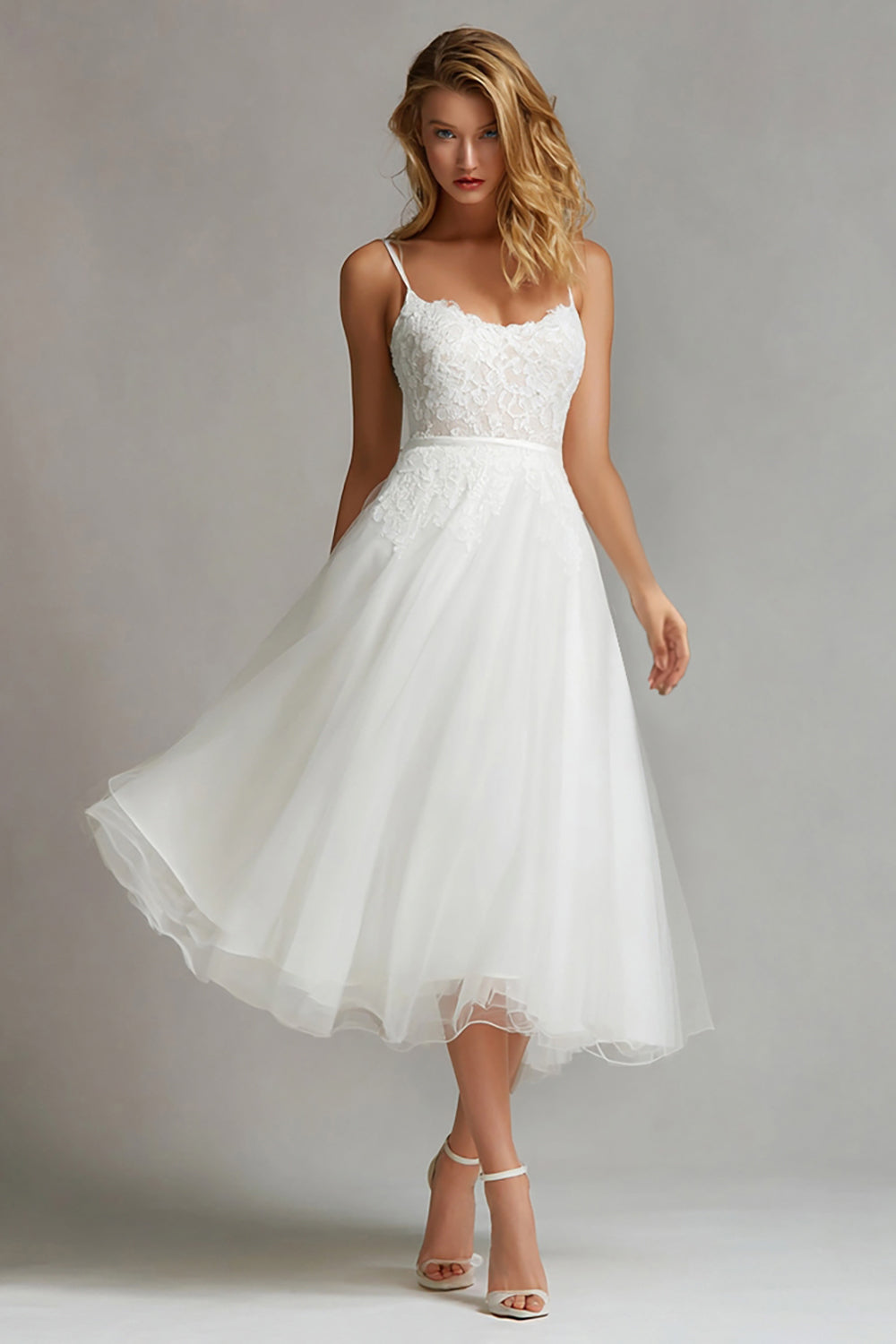 Zapaka Women White Wedding Reception Dress Spaghetti Straps A Line Courthouse Wedding Dress, White / US26W