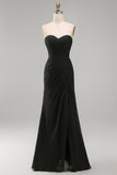 Black Chiffon Ruched Strapless Sheath Long Formal Dress with Slit