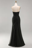 Black Chiffon Ruched Strapless Sheath Long Formal Dress with Slit