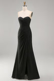 Black Chiffon Ruched Strapless Sheath Long Formal Dress with Slit