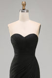 Black Chiffon Ruched Strapless Sheath Long Formal Dress with Slit