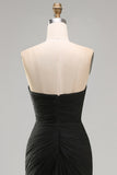 Black Chiffon Ruched Strapless Sheath Long Formal Dress with Slit