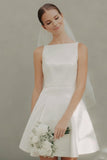 White Boat Neck A Line Short Courthouse Wedding Dress