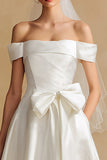 Off The Shoulder White A Line Courthouse Wedding Dress with Bow