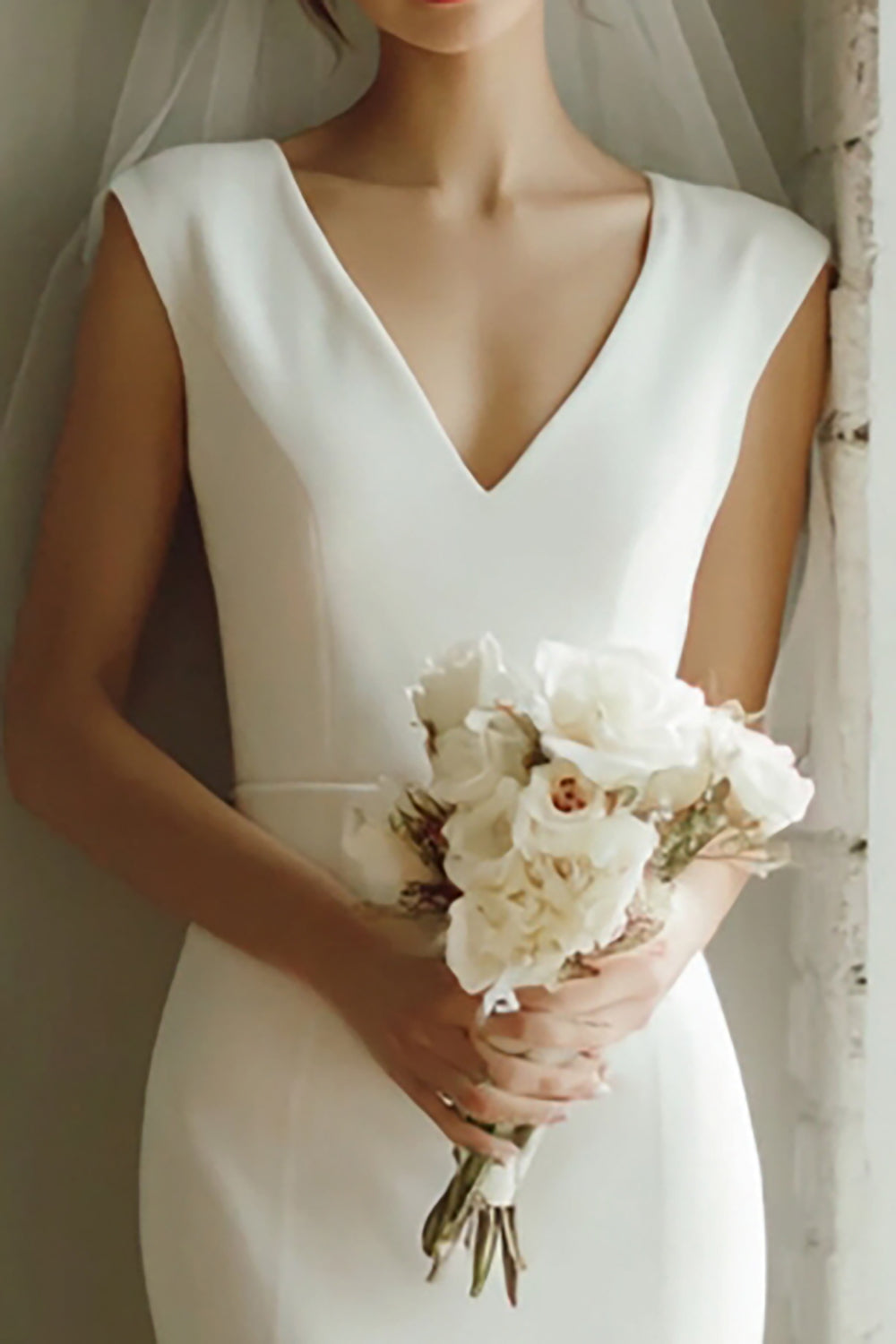 v neck midi wedding dress V-Neck Long Sleeve Sheath Wedding Dress with a Midi Train HAREM's Brides