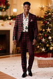 Red Black Grid 2 Piece Notched Lapel Men's Prom Suits