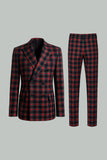 Black Red Grid Peak Lapel Double Breasted 2 Piece Men's Prom Suits