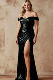 Sparkly Black Off The Shoulder Sequin Mermaid Long Plus Size Prom Dress with Slit
