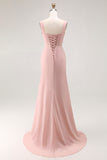 Blush Pink Mermaid Cowl Neck Bridesmaid Dress With Slit