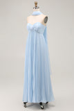 Strapless Sky Blue A Line Pleated Bridesmaid Dress with Halter Scarf