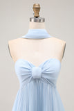 Strapless Sky Blue A Line Pleated Bridesmaid Dress with Halter Scarf