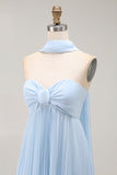 Strapless Sky Blue A Line Pleated Bridesmaid Dress with Halter Scarf