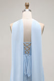 Strapless Sky Blue A Line Pleated Bridesmaid Dress with Halter Scarf