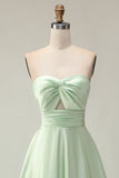 Strapless A Line Dark Green Satin Cut-Out Wedding Guest Dress