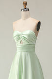 Strapless A Line Dark Green Satin Cut-Out Wedding Guest Dress