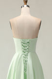 Strapless A Line Dark Green Satin Cut-Out Wedding Guest Dress