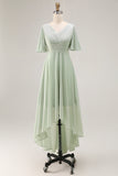Sage Green A Line Pleated High Low Bridesmaid Dress with Short Sleeves