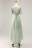 Sage Green A Line Pleated High Low Bridesmaid Dress with Short Sleeves