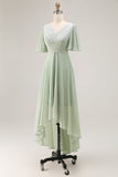 Sage Green A Line Pleated High Low Bridesmaid Dress with Short Sleeves