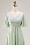 Sage Green A Line Pleated High Low Bridesmaid Dress with Short Sleeves