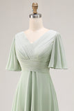 Sage Green A Line Pleated High Low Bridesmaid Dress with Short Sleeves