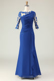 Royal Blue Mermaid Appliqued Ruched Mother of the Bride Dress with Sleeves
