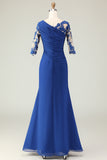 Royal Blue Mermaid Appliqued Ruched Mother of the Bride Dress with Sleeves
