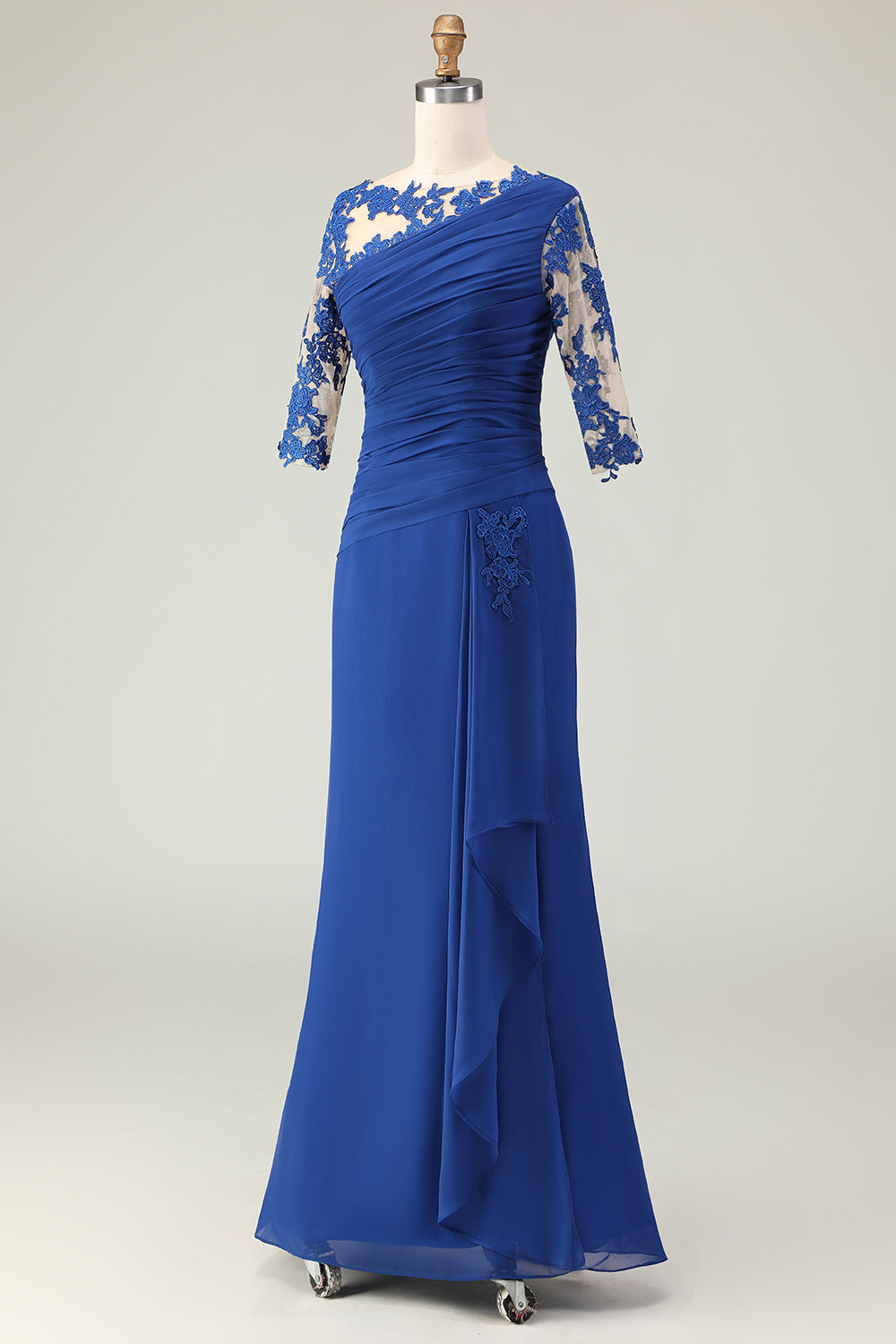 royal blue mother of bride dresses Zapaka Women Royal Blue Mermaid Mother of the Bride Dress Appliqued Ruched Wedding Guest Dress with Sleeves – ZAPAKA