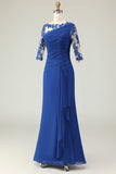 Royal Blue Mermaid Appliqued Ruched Mother of the Bride Dress with Sleeves