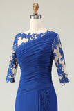 Royal Blue Mermaid Appliqued Ruched Mother of the Bride Dress with Sleeves