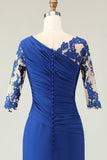 Royal Blue Mermaid Appliqued Ruched Mother of the Bride Dress with Sleeves