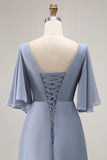 Dusty Blue A Line Asymmetrical Neck Mother Of The Bride Dress With Sleeves