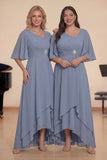 Dusty Blue A Line Half Sleeves Ruched Choir Dress with Lace Up Back