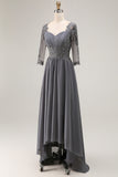 Steel Grey Appliqued A Line Pleated Beaded Mother Of The Bride Dress with Half Sleeves