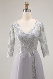 Silver A Line Appliqued V Neck Mother Of The Bride Dress with 3/4 Sleeves