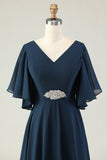 Navy A Line Appliqued V Neck Mother of the Bride Dress with Rhinestones