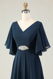 Navy A Line Appliqued V Neck Mother of the Bride Dress with Rhinestones