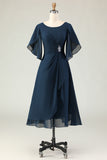 Navy Ruched A Line Midi Mother of the Bride Dress with Rhinestones