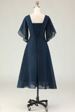 Navy Ruched A Line Midi Mother of the Bride Dress with Rhinestones