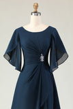 Navy Ruched A Line Midi Mother of the Bride Dress with Rhinestones