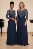Navy A Line Appliqued Boat Neck Long Choir Dress with 3/4 Sleeves