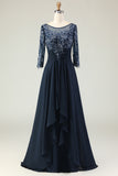 Navy Appliqued A Line Long Mother of the Bride Dress with Sleeves