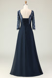 Navy Appliqued A Line Long Mother of the Bride Dress with Sleeves