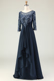 Navy Appliqued A Line Long Mother of the Bride Dress with Sleeves
