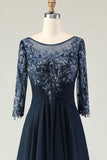 Navy Appliqued A Line Long Mother of the Bride Dress with Sleeves