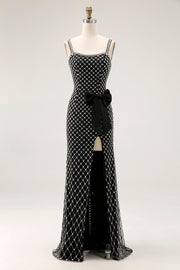 Black Beaded Mermaid Spaghetti Straps Rhinestone Side Bow Long Prom Dress with Slit