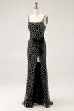 Black Beaded Mermaid Spaghetti Straps Rhinestone Side Bow Long Prom Dress with Slit