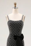 Black Beaded Mermaid Spaghetti Straps Rhinestone Side Bow Long Prom Dress with Slit