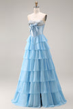 Blue Strapless Corset A-Line Tiered Ruffled Long Prom Dress with Slit
